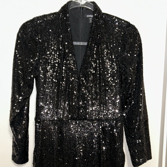 Express Women's Black Sequin Jumpsuit Size XS Petite Party V-Neck - Picture 5 of 10